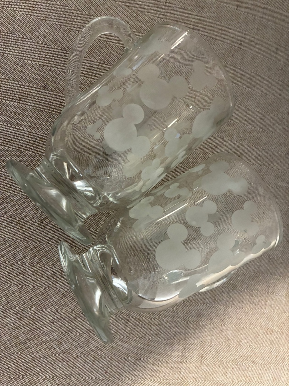 Vtg Disney Mickey Mouse Frosted Etched Pedestal Mugs by Libbey Glass set of 2